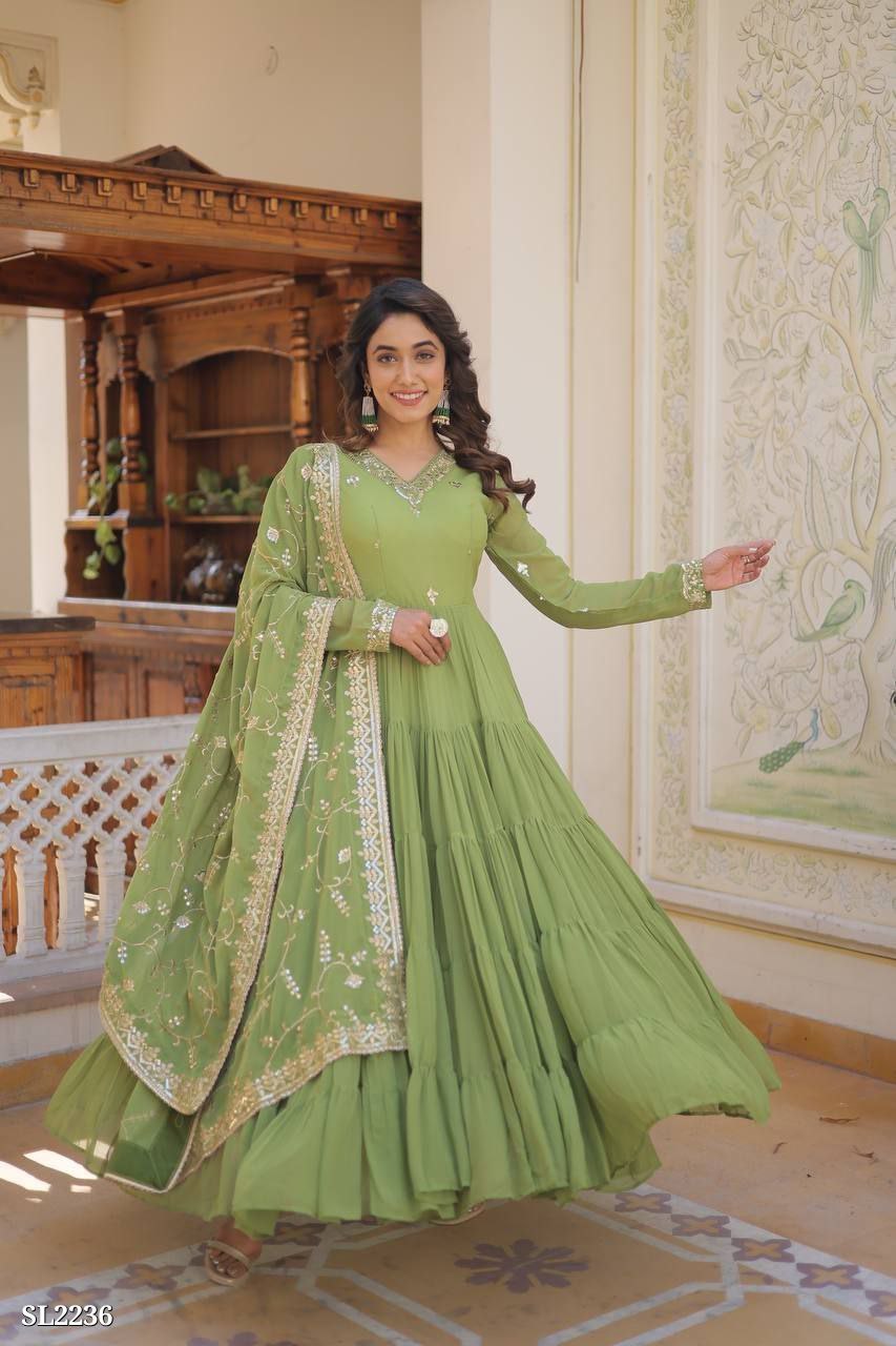 Premium Faux Georgette Embroidered Gown with Dupatta – Elegant Party Wear