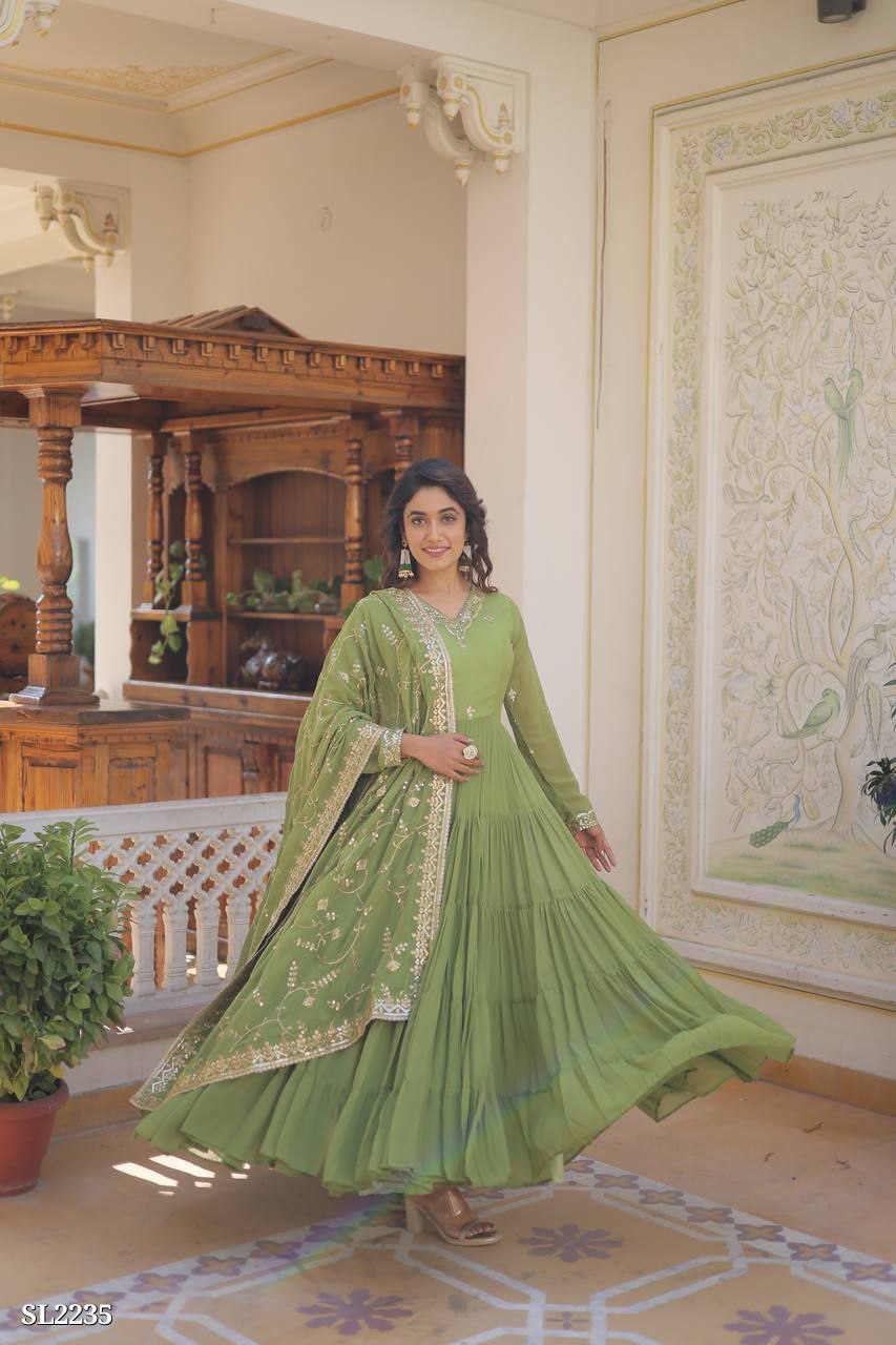Premium Faux Georgette Embroidered Gown with Dupatta – Elegant Party Wear