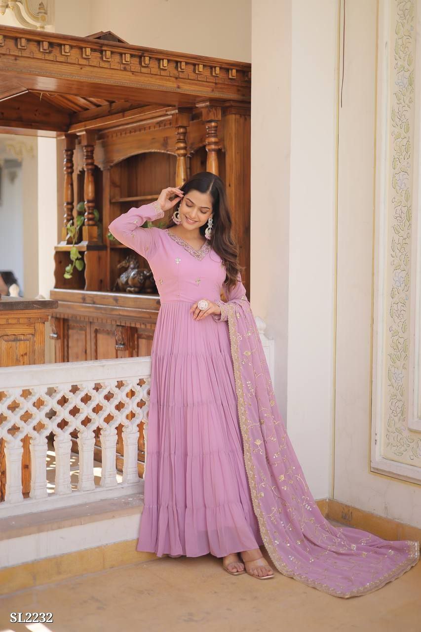 Premium Faux Georgette Embroidered Gown with Dupatta – Elegant Party Wear