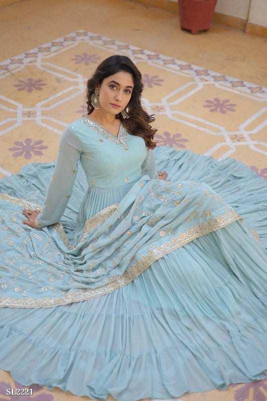 Premium Embroidered Faux Georgette Gown with Dupatta – Elegant Party Wear